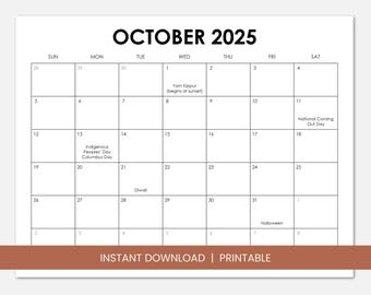 October 2025 Calendar with Holidays, Printable Dated October Monthly Calendar, Instant Digital Download PDF, Sunday Start, Monday Start
