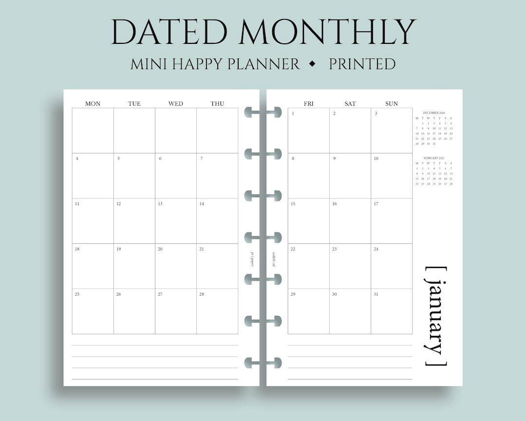 Dated Monthly Calendar Planner Inserts, Mini Happy Planner, Monday ...