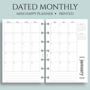 Dated Monthly Calendar Planner Inserts, Mini Happy Planner, Monday Start, MO2P, Minimal, Functional ~ 4.6" x 7"