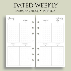 Dated Weekly Planner Inserts, 6-Ring Personal Size, Vertical Column Layout with Dot Grid, Two Page Weekly, WO2P ~ 3.75&quot; x 6.75&quot;