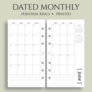 Dated Monthly Calendar Planner Inserts, 6-Ring Personal Size, Sunday Start, MO2P, Minimal, Functional ~ Personal Rings / 3.75&quot; x 6.75&quot;
