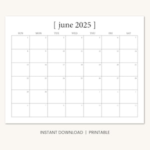 June 2025 Calendar Printable, Minimal Dated June Monthly Calendar, Instant Digital Download PDF, Sunday Start or Monday Start