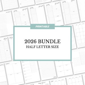 May include: Printable 2026 planner bundle in half letter size. The bundle includes monthly calendar pages, weekly planner pages, and daily planner pages.