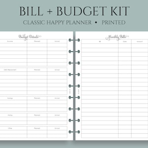 Monthly Bills and Budget Kit Planner Inserts, Income, Expenses, Debt Payment Tracker ~ Classic Happy Planner / 7&quot; x 9.25&quot; Discbound