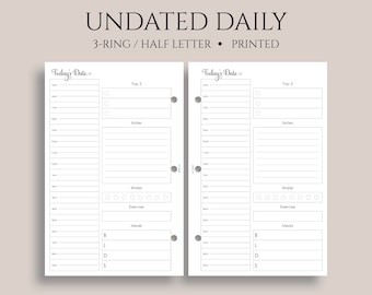 Undated Daily Planner Inserts, To-Do List, Meal, Exercise, Water Tracker, Schedule, DO1P ~ Half Letter Size 3-Ring / 5.5" x 8.5"