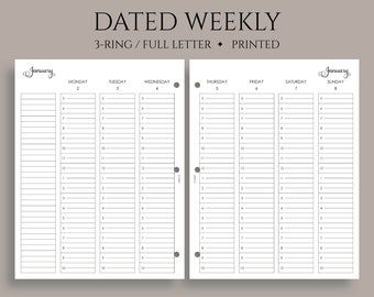 Dated Weekly Planner Inserts, Two Page Vertical Timed Hourly Layout, WO2P ~ Fits Full Letter Size 3-Ring / 8.5" x 11"