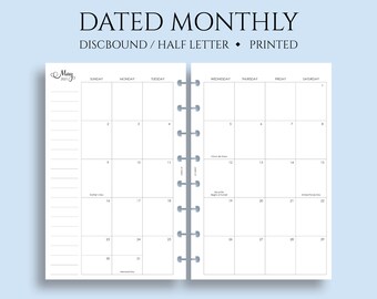 Dated Monthly Calendar Planner Inserts, Sunday Start, Optional Holidays, MO2P ~ Junior Half Letter Size Discbound / 5.5" x 8.5"
