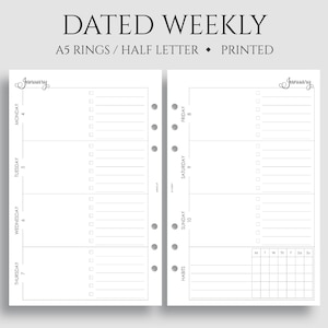 Dated Weekly Planner Inserts, A5 6-Ring Punch, Half Letter Size, Horizontal Layout, To Do List, Habit Tracker, WO2P ~ 5.5" x 8.5"