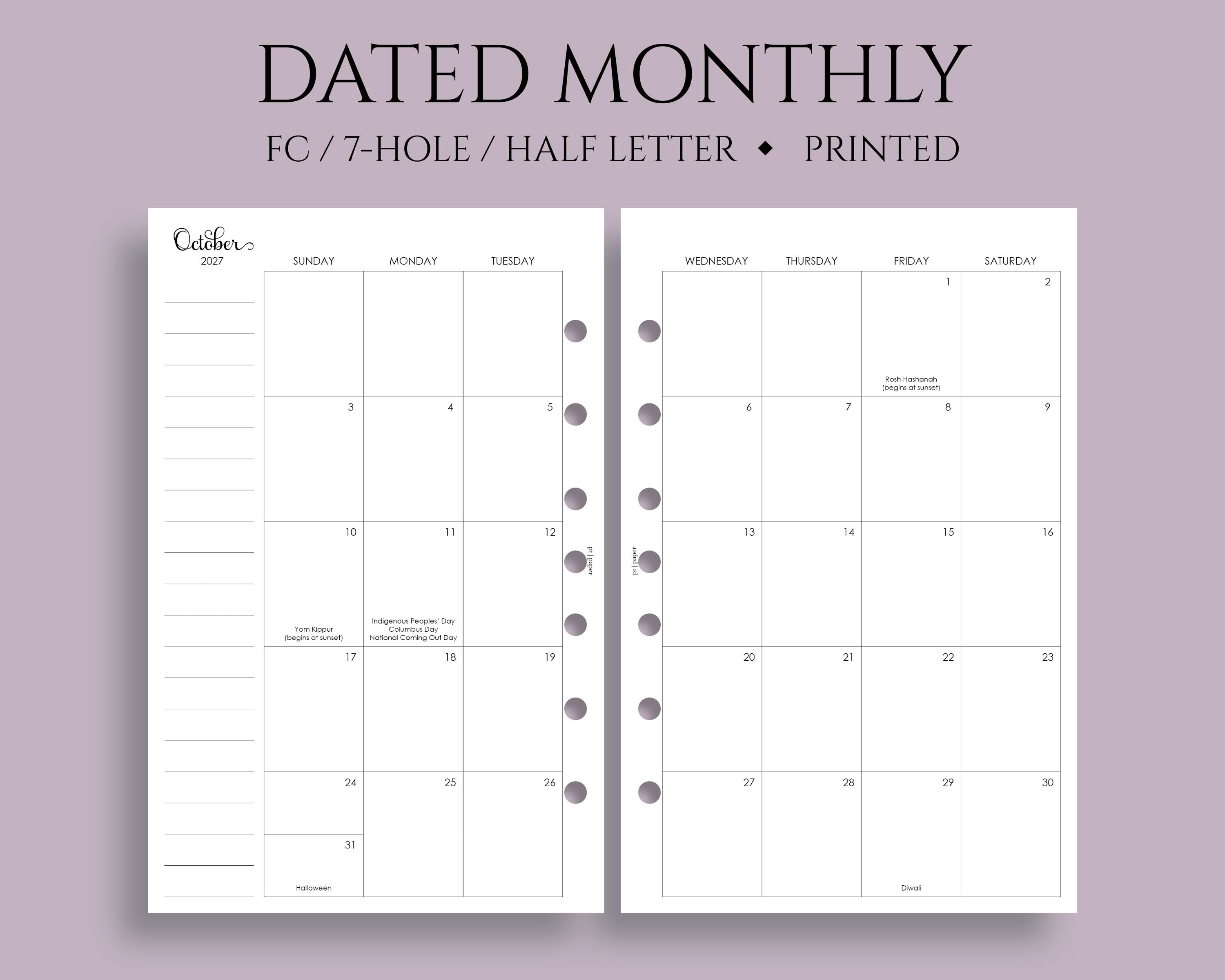 Dated Monthly Calendar Planner Inserts, FC Classic 7-Hole, Sunday Start with Holidays, MO2P, Daytimer ~ Half Letter Size / 5.5" x 8.5"