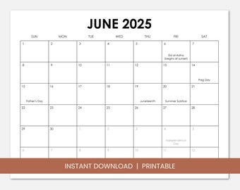 June 2025 Calendar with Holidays, Printable Dated June Monthly Calendar, Instant Digital Download PDF, Sunday Start or Monday Start