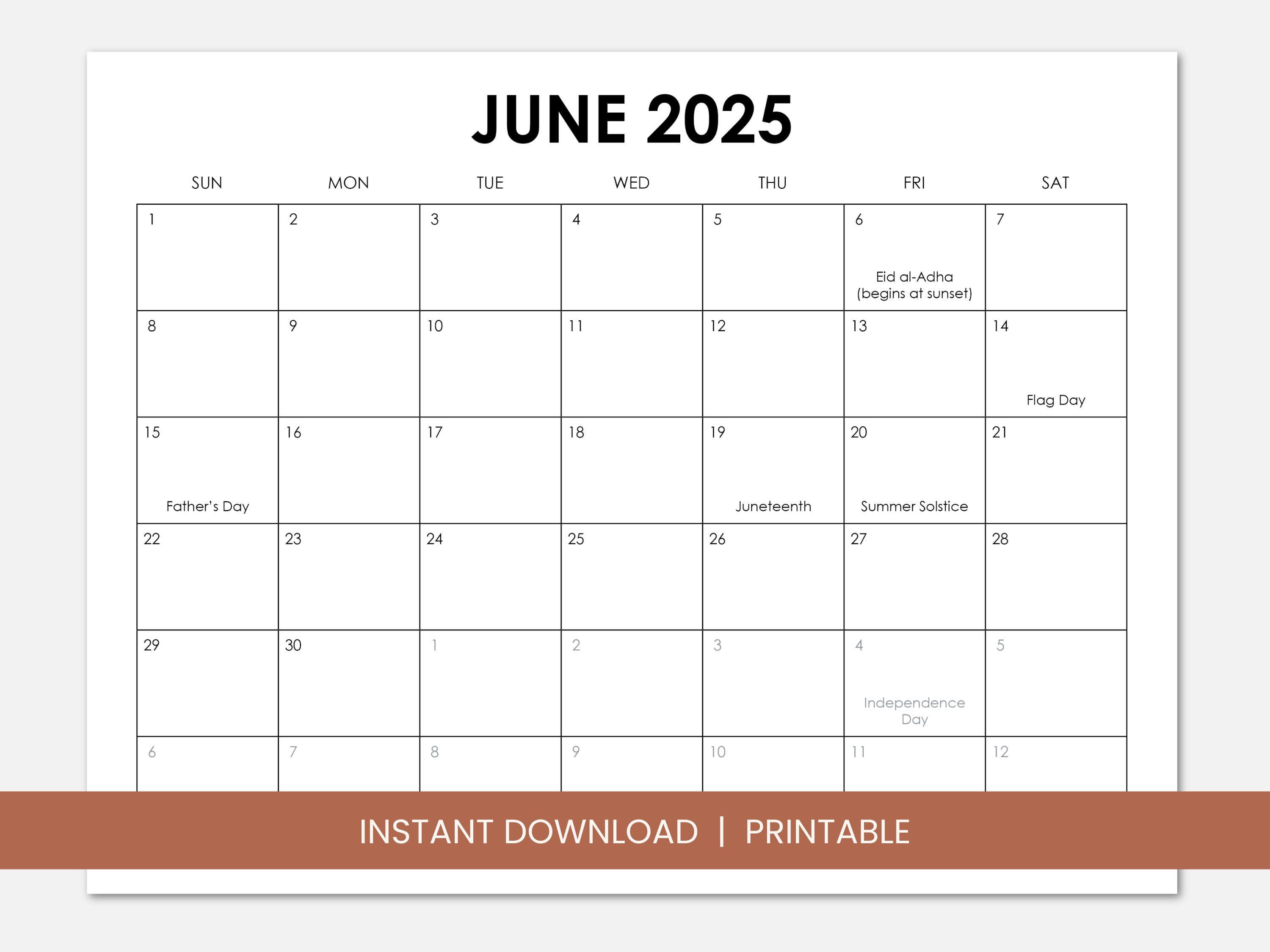 June 2025 calendar with holidays, printable dated june monthly ...