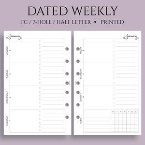 Dated Weekly Planner Inserts, FC Classic 7-Hole, Horizontal Layout, Daily To Do List, Habit Tracker, WO2P ~ Half Letter / 5.5" x 8.5"