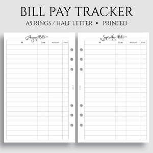 Monthly Bill Pay Tracker Planner Inserts, A5 6-Ring Punch, Half Letter Size, Bills Due Reminder, Payment Organizer ~ 5.5&quot; x 8.5&quot;