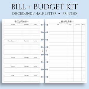 Monthly Bills and Budget Kit Planner Inserts, Income, Expenses, Debt Payment Tracker ~ Junior Half Letter Size Discbound / 5.5&quot; x 8.5&quot;