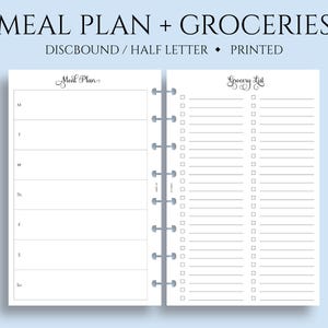 Weekly Meal Planning and Grocery Shopping List Planner Inserts ~ Junior Half Letter Size Discbound / 5.5&quot; x 8.5&quot;