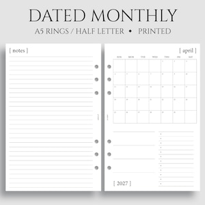 Dated Monthly Calendar Planner Inserts, A5 6-Ring Punch, Half Letter Size, Sunday Start, Minimal, MO1P, Functional ~ 5.5" x 8.5"