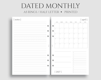 Dated Monthly Calendar Planner Inserts, A5 6-Ring Punch, Half Letter Size, Sunday Start, Minimal, MO1P, Functional ~ 5.5" x 8.5"