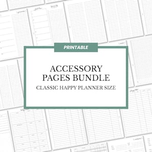 May include: Printable accessory pages for a classic Happy Planner. The pages include meal planning, grocery lists, notes, contacts, and more.