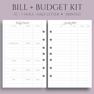 May include: A printable budget kit for a 7-hole half-letter binder. The kit includes a budget details page with sections for income, debt repayment, savings, giving, and other. It also includes a monthly bills page with columns for bill, date, amount, and paid.