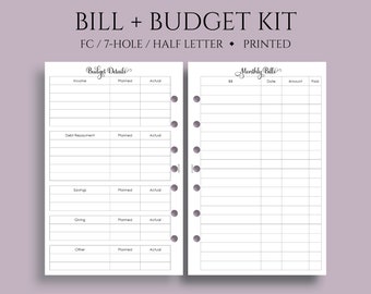 Monthly Bills and Budget Kit Planner Inserts, Income, Expenses, Debt Payment Tracker ~ FC Classic 7-Hole, Half Letter Size / 5.5" x 8.5"