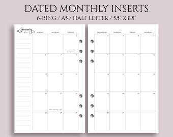 July 2018 - Dec 2019 Dated Monthly Calendar Planner Inserts, Sunday Start, MO2P ~ Half Page / A5 / 5.5" x 8.5" for Filofax Rings (A5-MSS)