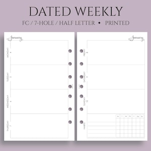 Dated Weekly Planner Inserts, FC Classic 7-Hole, Horizontal Layout, Habit Tracker, WO2P, Daytimer ~ Half Letter Size / 5.5" x 8.5"