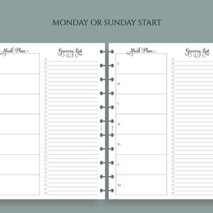 May include: A white planner with a black and gray binding. The planner has two pages, one for a meal plan and one for a grocery list. The planner has the text "MONDAY OR SUNDAY START" at the top.