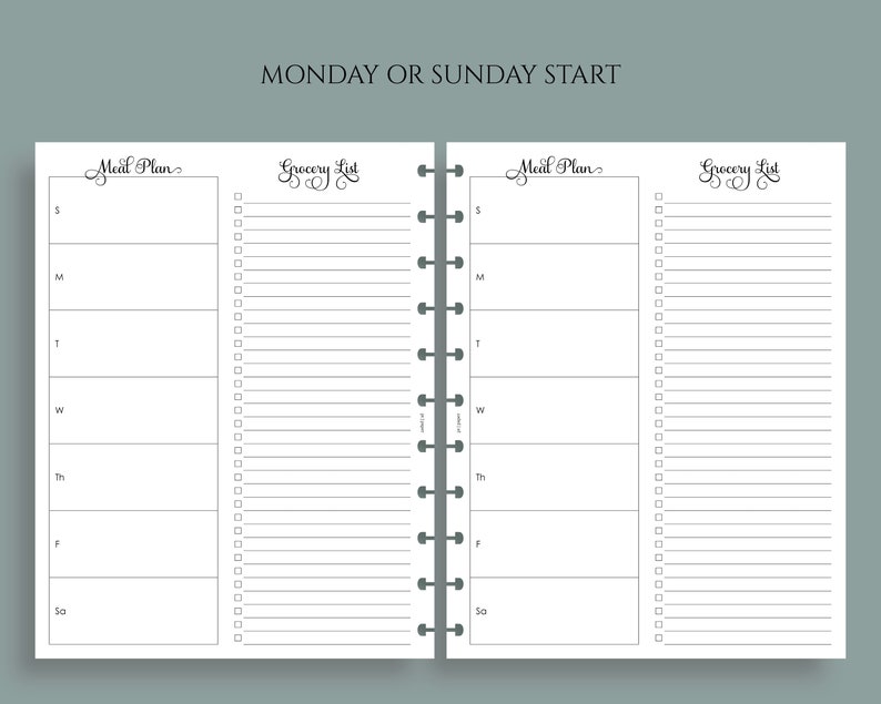 May include: A white planner with a black and gray binding. The planner has two pages, one for a meal plan and one for a grocery list. The planner has the text "MONDAY OR SUNDAY START" at the top.