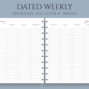 Dated Weekly Planner Inserts, Full Letter Size Discbound, Vertical Timed Hourly Layout, Two-Page Weekly, WO2P ~ 8.5" x 11"