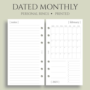 Dated Monthly Calendar Planner Inserts, 6-Ring Personal Size, Monday Start, MO1P, Minimal, Functional ~ Personal Rings / 3.75&quot; x 6.75&quot;