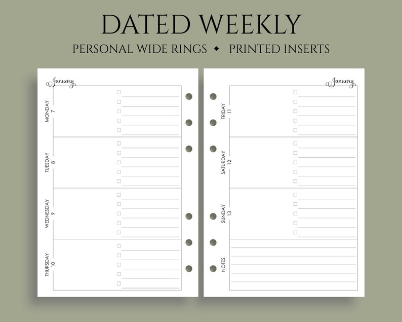 dated weekly planner inserts two page horizontal layout etsy