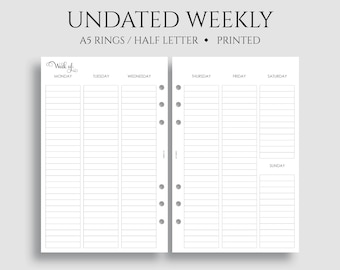 Undated Weekly Planner Inserts, Vertical Layout, Lined Columns, Week on Two Pages, WO2P ~ A5 Rings, Half Letter Size / 5.5" x 8.5"