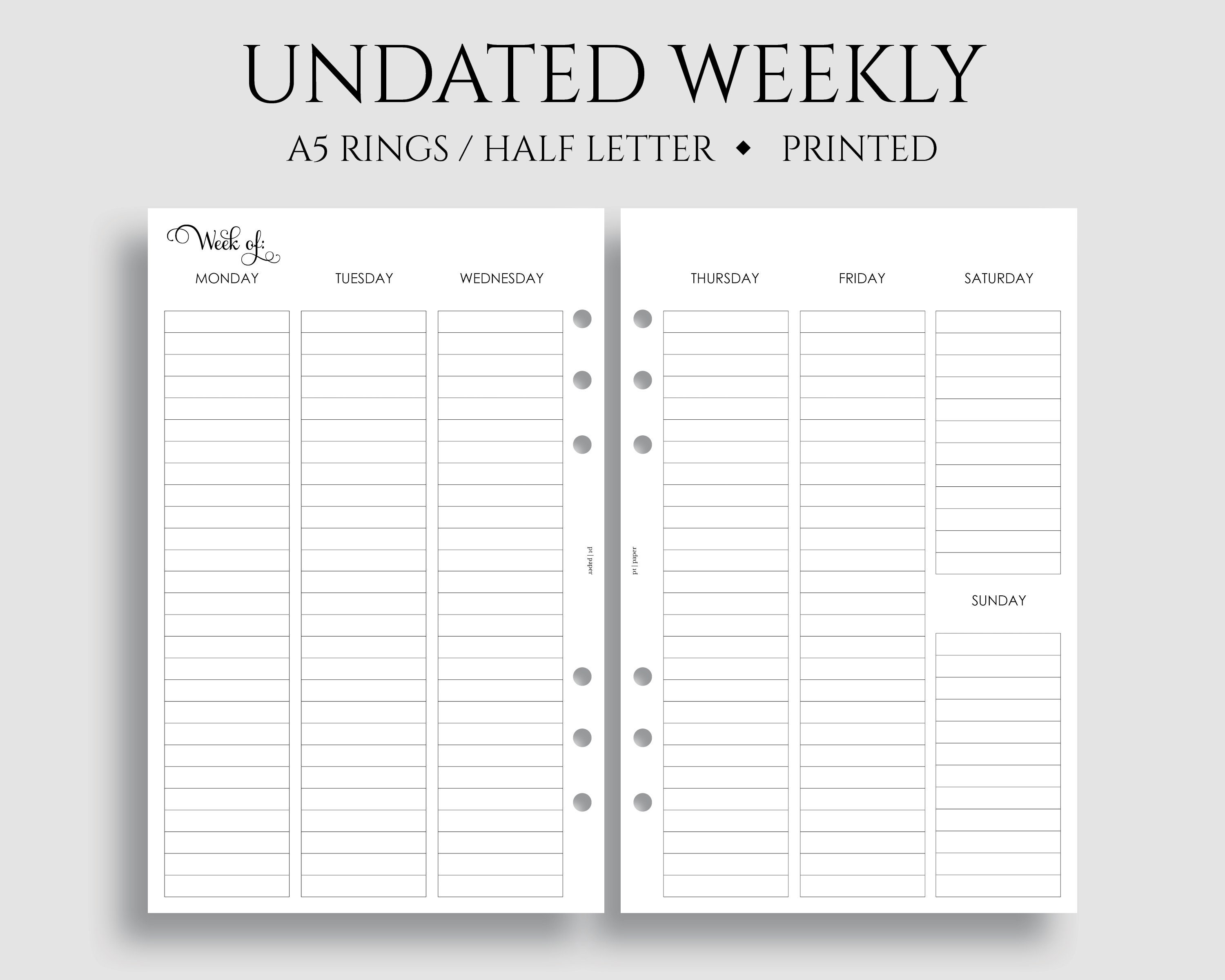 Undated Weekly Planner Inserts, A5 6-ring Punch, Half Letter Size ...