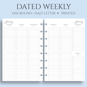 Dated Weekly Planner Inserts, Junior Half Letter Size Discbound, Vertical Timed Hourly Layout, Week on Two Pages, WO2P ~ 5.5" x 8.5"
