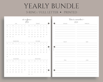 Yearly Calendar Bundle, Year-at-a-Glance, Dates to Remember, U.S. Holidays ~ Full Letter Size 3-Ring Binder / 8.5" x 11"