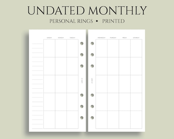 Undated Monthly Calendar Planner Inserts, 6-Ring Personal Size, Sunday Start, MO2P Layout ~ 3.75" x 6.75"