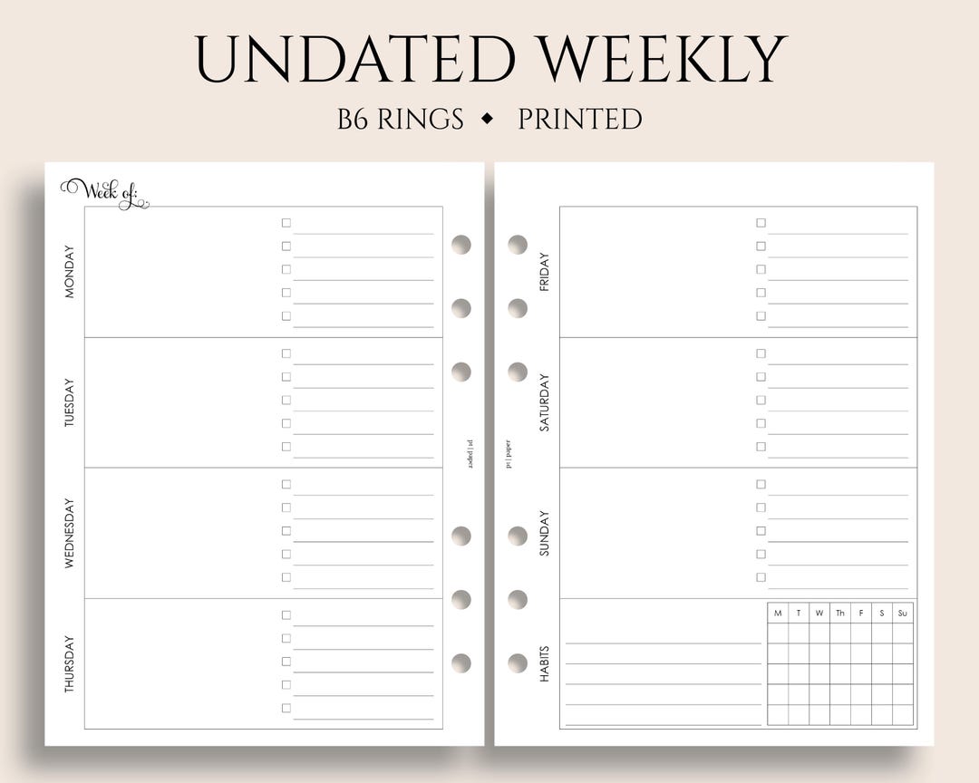 Undated Weekly Planner Inserts, B6 Planner, 6-ring, Horizontal Layout W ...