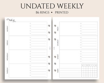 Undated Weekly Planner Inserts, B6 Planner, 6-Ring, Horizontal Layout w/ Daily To Do List, Weekly Habit Tracker, WO2P ~ 5.3" x 7"