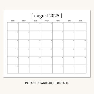 August 2025 Calendar Printable, Minimal Dated August Monthly Calendar, Instant Digital Download PDF, Sunday Start or Monday Start