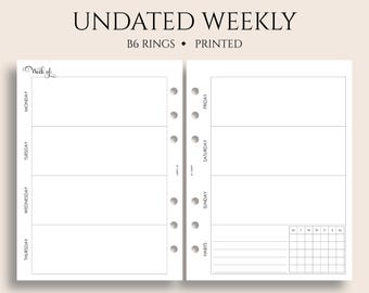 Undated Weekly Planner Inserts, B6 Planner, 6-Ring, Horizontal Layout with Weekly Habit Tracker, WO2P ~ 5.3" x 7"