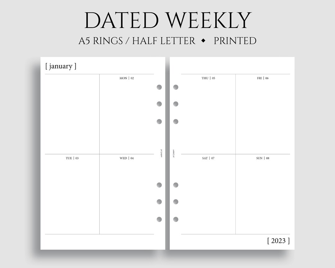 Dated Weekly Planner Inserts, Vertical Layout, Twopage Weekly, Minimal