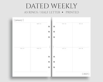 Dated Weekly Planner Inserts, Vertical Layout, Two-Page Weekly, Minimal, Functional, WO2P ~ A5 Rings, Half Letter Size / 5.5" x 8.5"