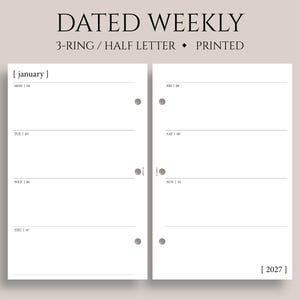Dated Weekly Planner Inserts, 3-Ring Mini, Half Letter, Horizontal Layout, Minimal, Two-Page Weekly, Functional, WO2P ~ 5.5" x 8.5"