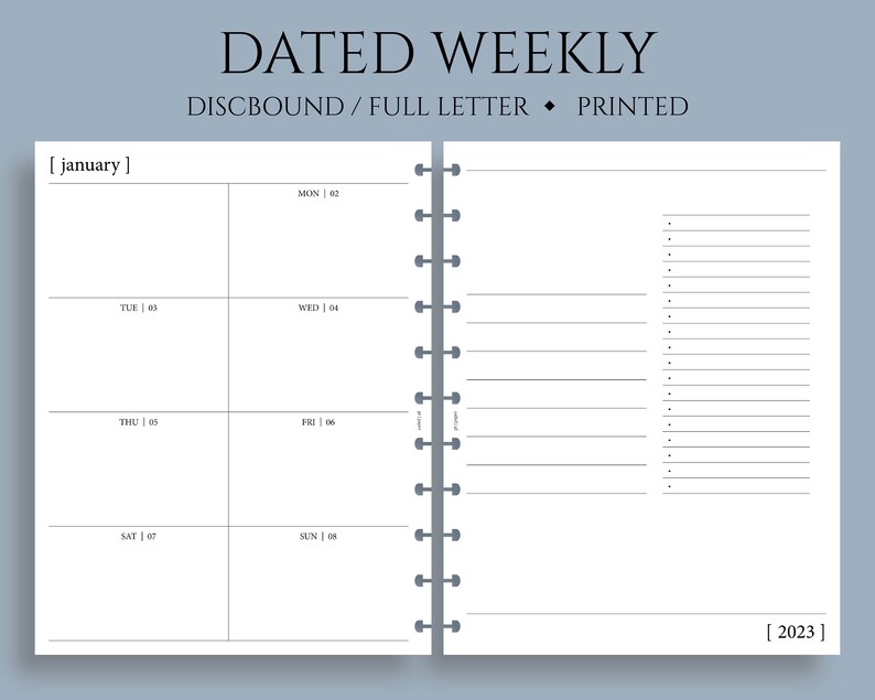 Dated Weekly Planner Inserts, Dashboard Layout, Two-Page Weekly, Minimal, Functional, WO2P Full Letter Size Discbound / 8.5 x 11 image 1