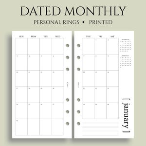 Dated Monthly Calendar Planner Inserts, 6-Ring Personal Size, Sunday Start, MO2P, Minimal, Functional ~ Personal Rings / 3.75" x 6.75"