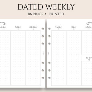 Dated Weekly Planner Inserts, B6 Planner, 6-Ring, Vertical Column Layout, Dot Grid, Two Page Weekly, WO2P ~ 5.3" x 7"