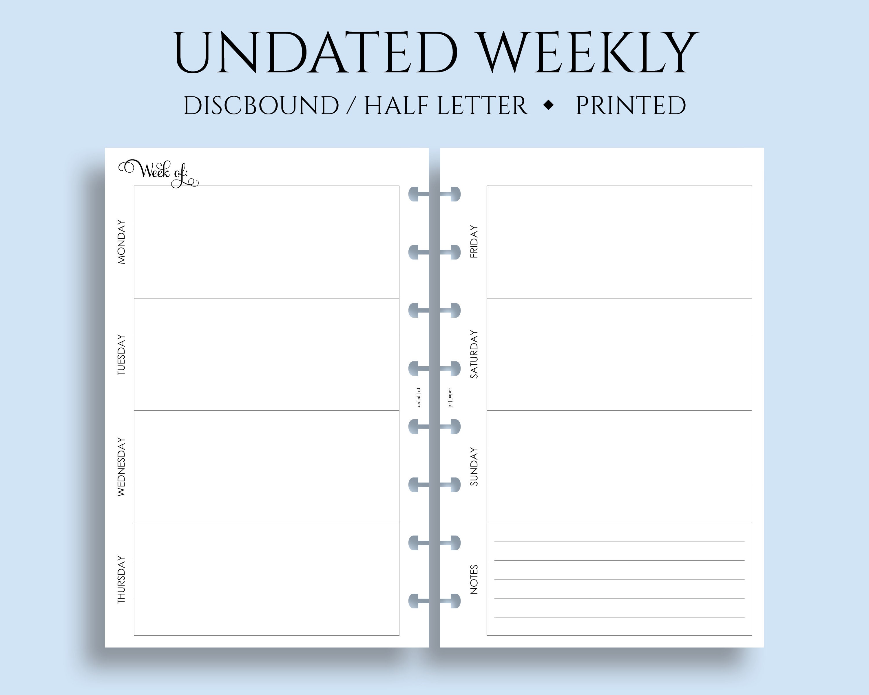 Undated Weekly Planner Inserts, Two Page Horizontal Layout, Lined Notes ...