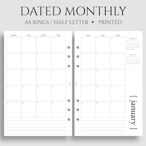 Dated Monthly Calendar Planner Inserts, A5 6-ring Punch, Half Letter ...