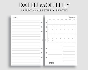 Dated Monthly Calendar Planner Inserts, Monday Start, MO1P, Minimal, Functional ~ A5 Rings, Half Letter Size / 5.5" x 8.5"