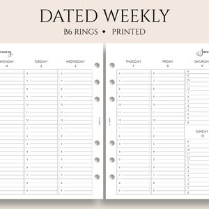 Dated Weekly Planner Inserts, B6 Planner, 6-Ring, Vertical Timed Hourly Layout, Week on Two Pages, WO2P ~ 5.3" x 7"